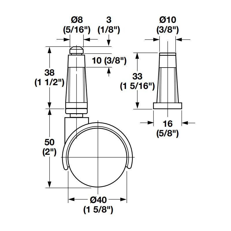 1-5/8" Twin Wheel Black Nylon Hooded Caster and Insert Plug, Set of 4