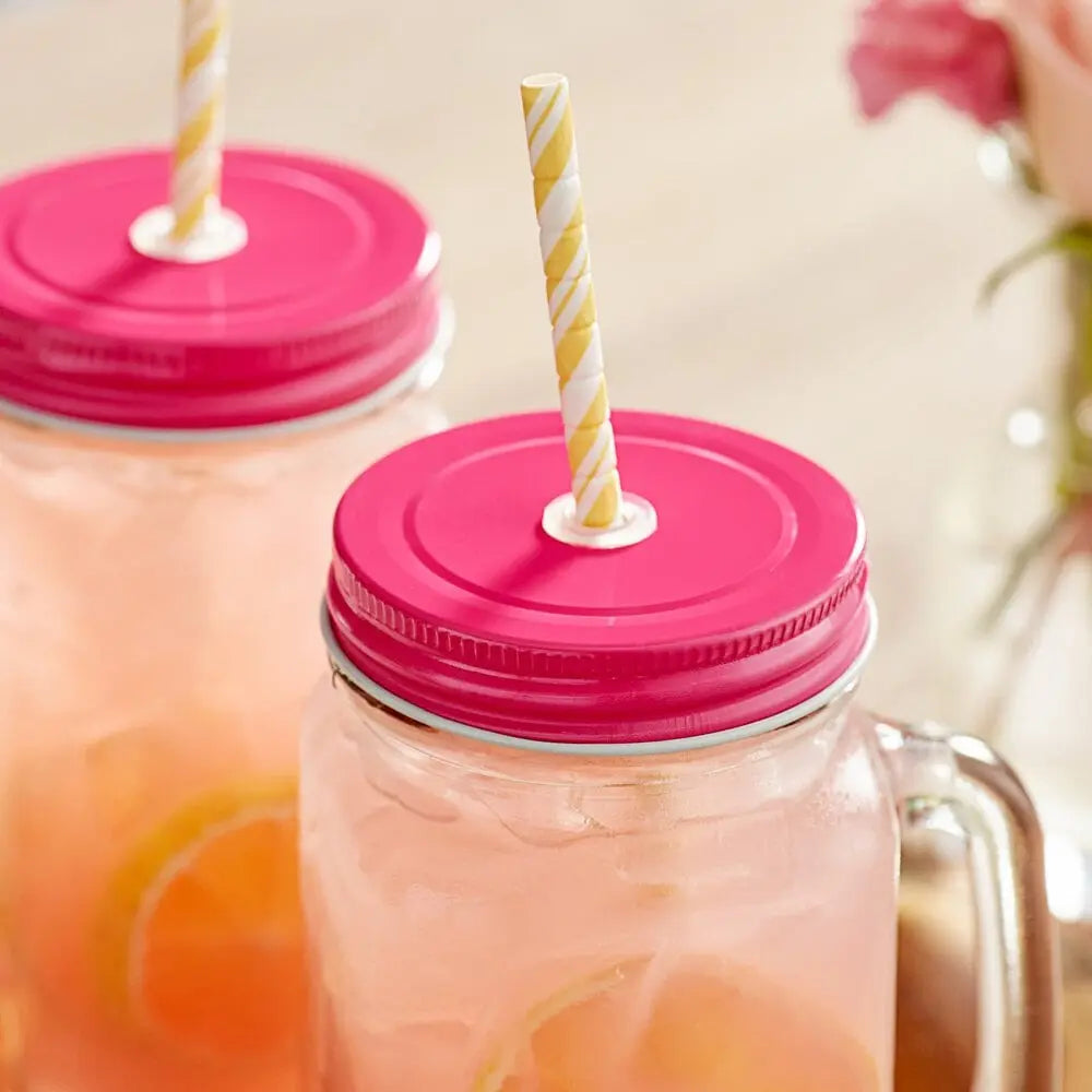 Acopa Rustic Charm Pink Metal Drinking Jar Lid with Straw Hole - 12 Pack Acopa
