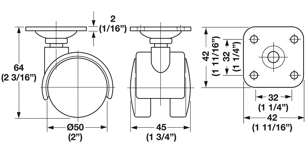 1-7/8" Diameter Twin Wheel Black Nylon Hooded Caster with Brake, Set of 4