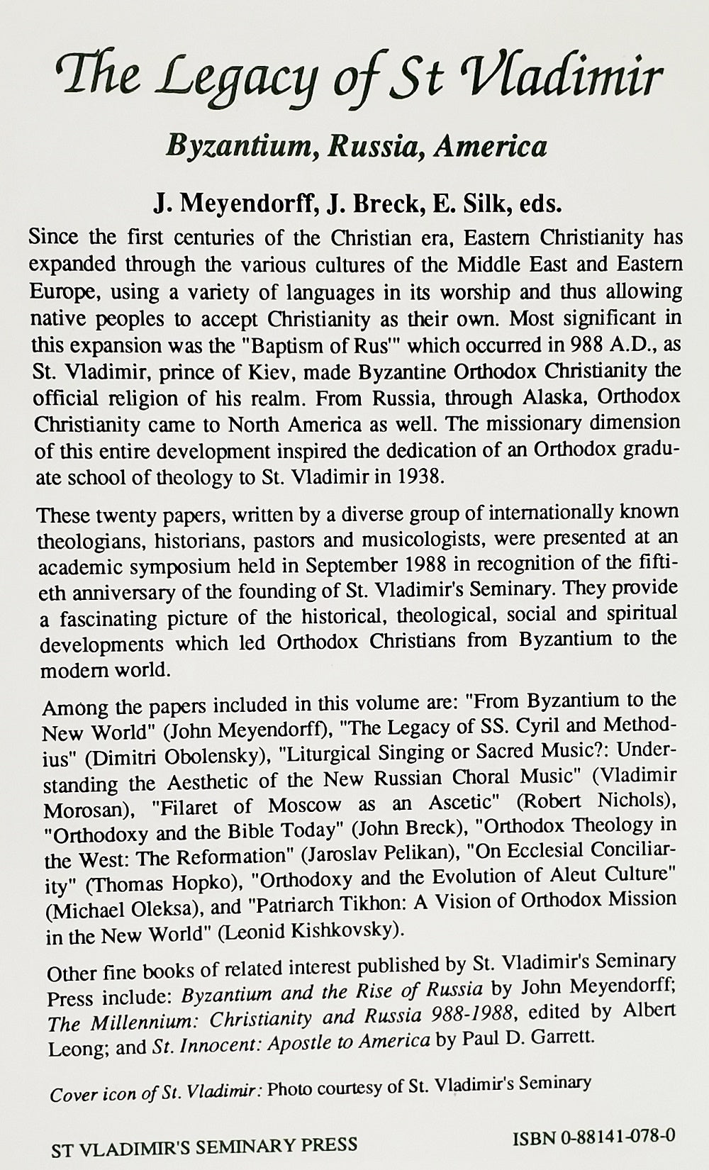 The Legacy of St Vladimir, John Breck, Fr. John Meyendorff, Eleana Silk