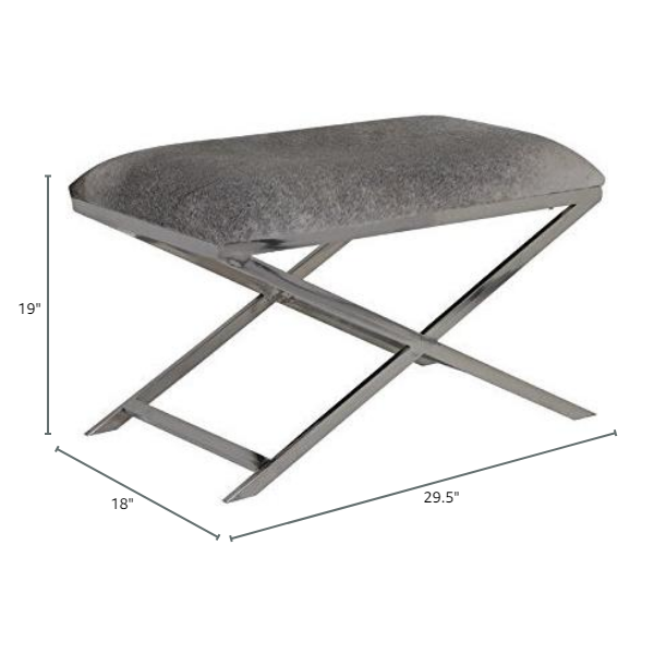 The SAMI Rectangle Nickel Stool with Grey Cowskin, 29.5 x 18 x 19h