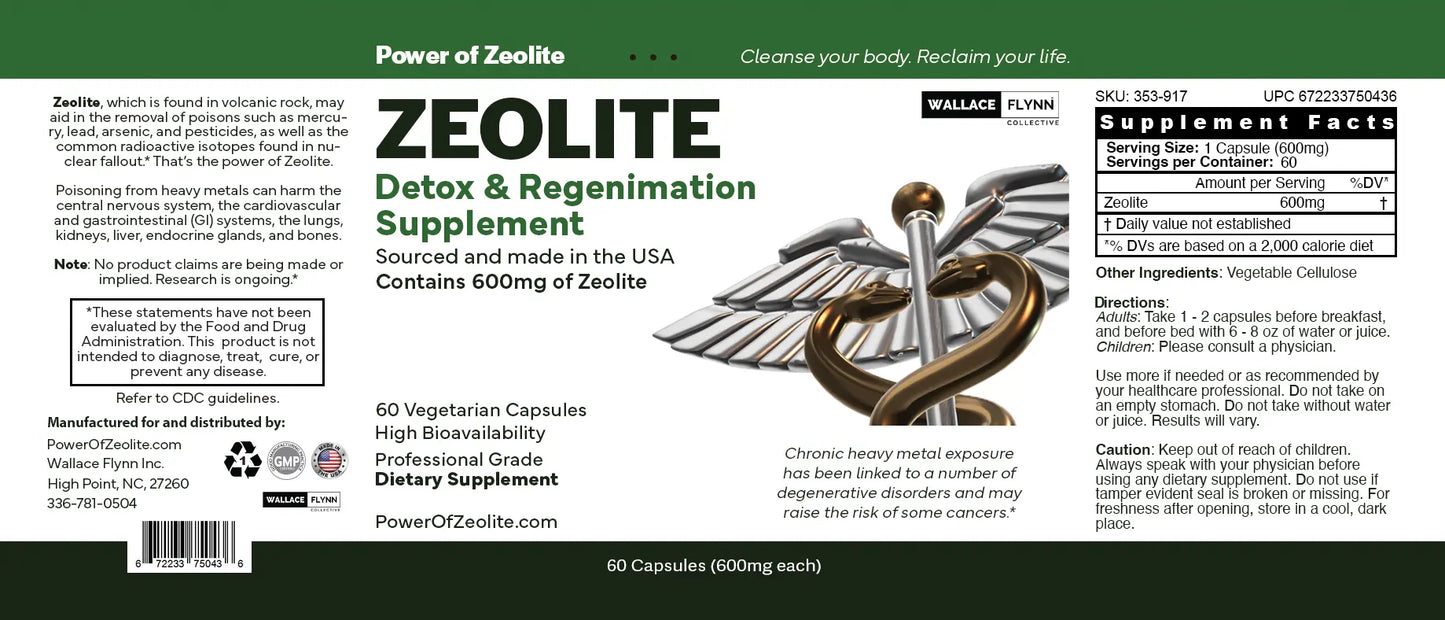 ZEOLITE Heavy Metal Detox Regenimation Supplement 600mg, 60 ct. Regenimation