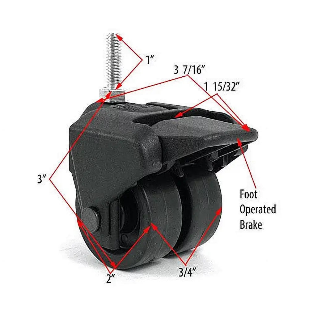 3" Dual Wheel Composite Plastic Caster with Brake, 5/16" Threaded Stem, Set of 2 bedCLAW