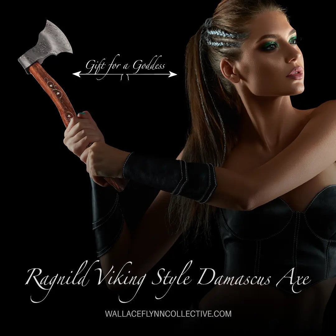 Ragnild FWM Viking Style Handmade Damascus Axe with Wood and Inlaid Brass Handle TIK