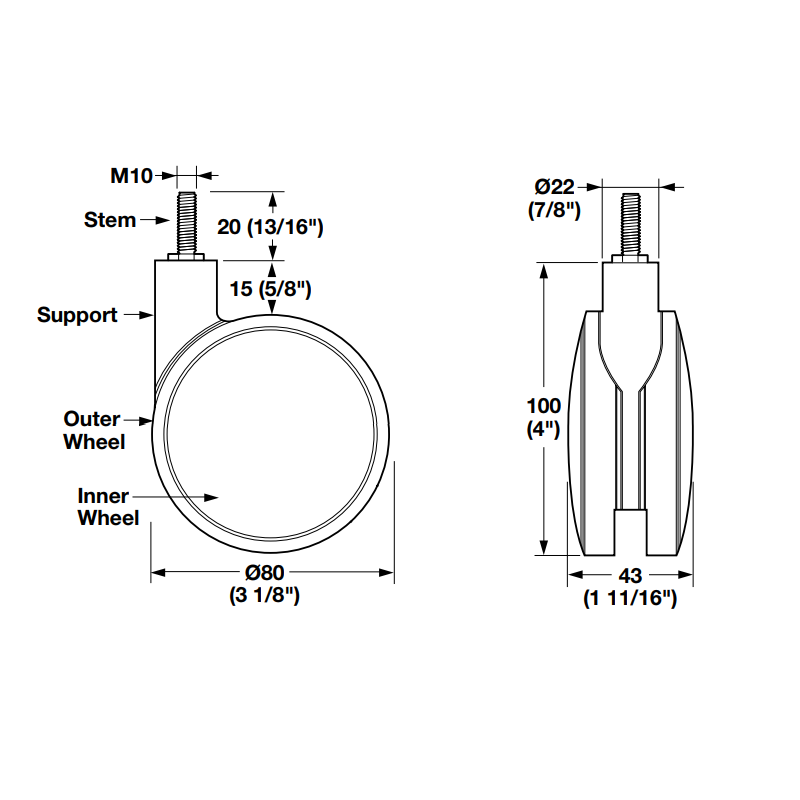 4" Silver & Black M10 Swiveling Twin Wheel Caster with Threaded Stem, Set of 2