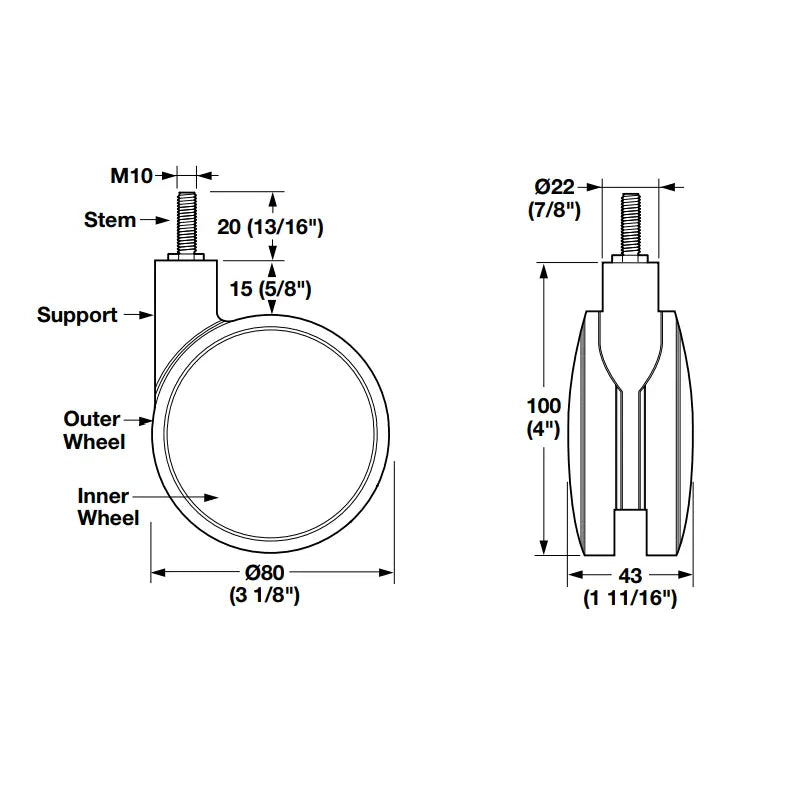 4" Silver & Black M10 Swiveling Twin Wheel Caster with Threaded Stem, Set of 2 Hafele