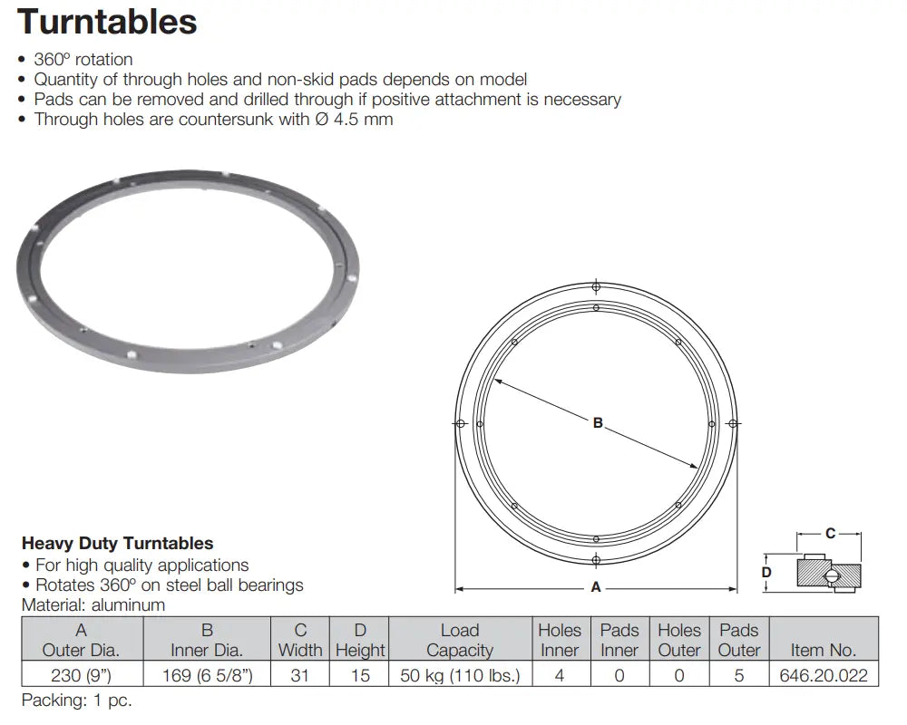 Hafele 646.20.022 Aluminum 9" Turntable, 360 degree, 50 kilogram, 230mm CLOSEOUT Hafele