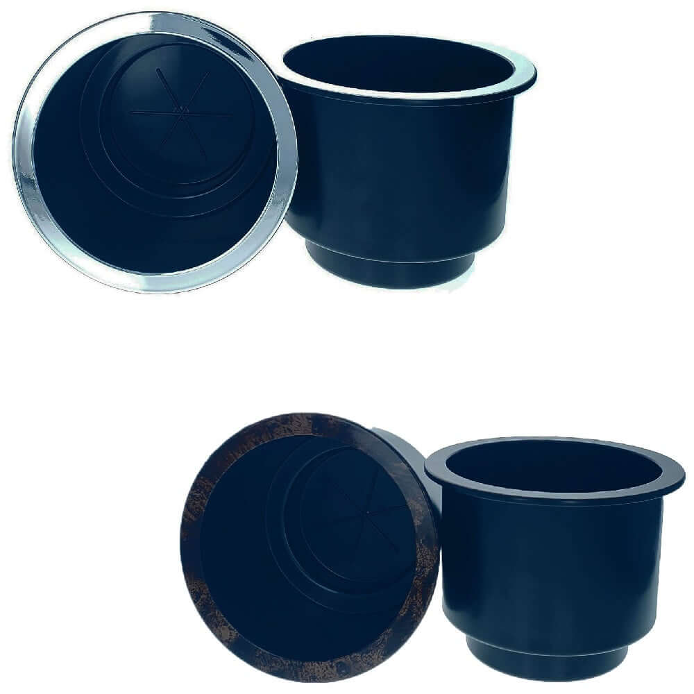 Replacement Black Plastic Cup Holders, Chrome or Wood Finished Lip, Set of 2