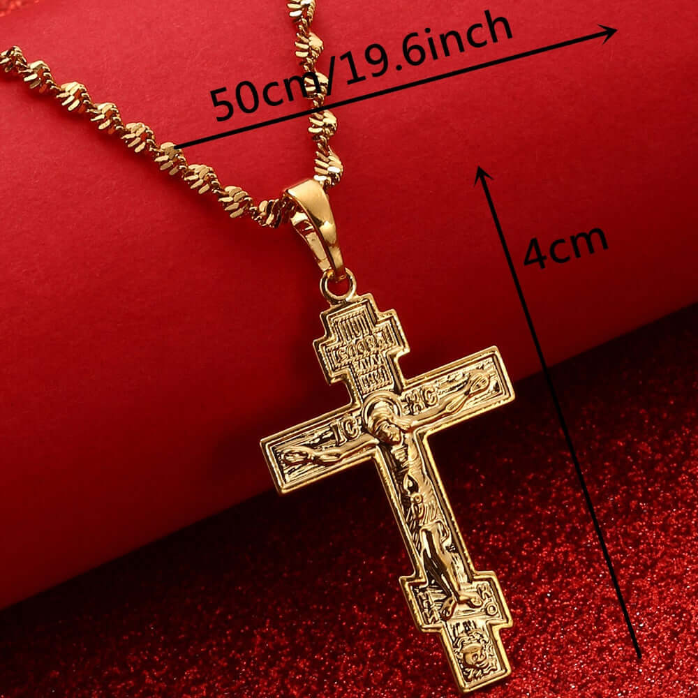 24K Gold Plated Russian Orthodox Christian Cross Pendant with 19.6" Necklace