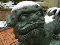 Thumbnail for Hand Forged Bronze Chinese FOO DOG Sculptures, Set of 2 Cast Dragon Statues with pedestals