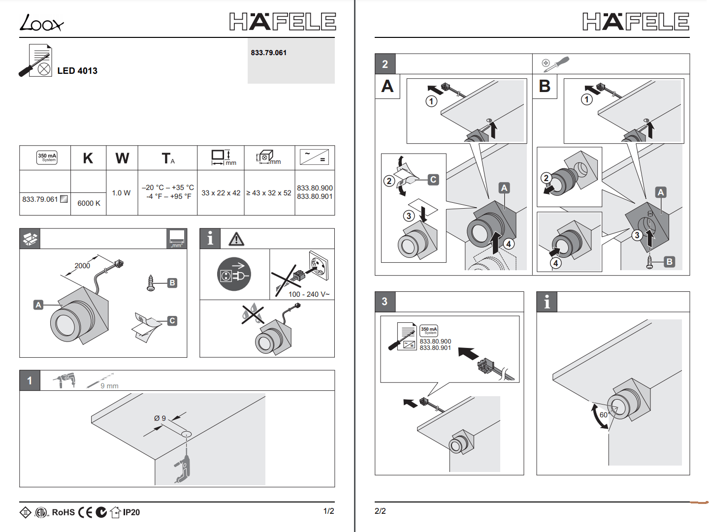 Hafele 833.79.061 Loox LED 4013 Silver Surface Mounted Corner Swivel Spotlight