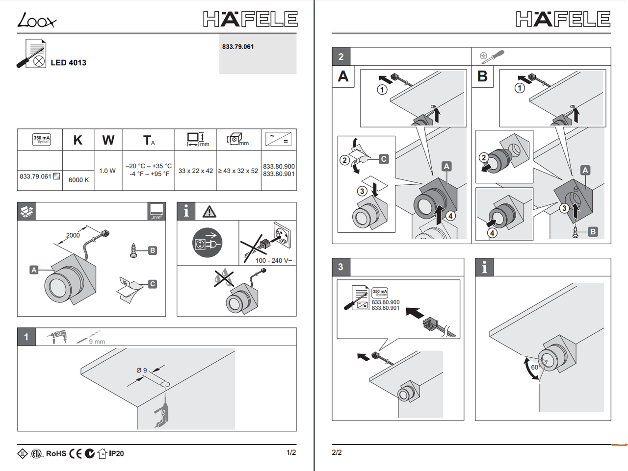 Hafele 833.79.061 Loox LED 4013 Silver Surface Mounted Corner Swivel Spotlight