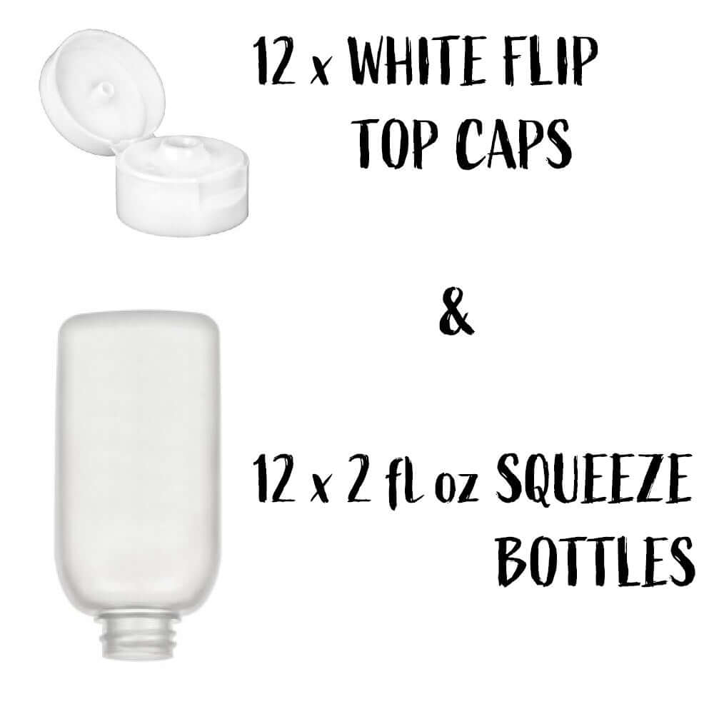 Semi-Opaque 2 oz. Squeezable Plastic Bottle + White Flip Top Cap | Set of 12