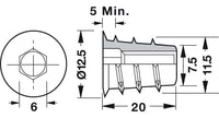 Thumbnail for Hafele 030.02.266 Type D Zinc Plated Steel Insert Nut, 1/4-20x20mm Long (10pc)