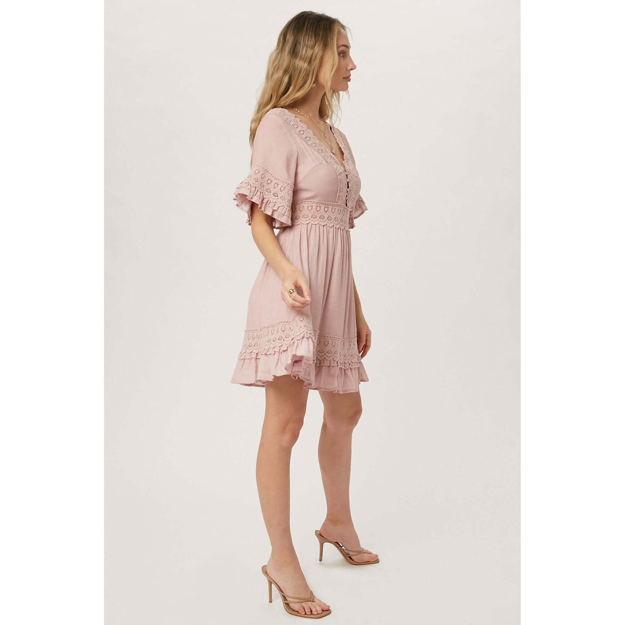 Dusty Rose V-Neck Lace Trim Dress