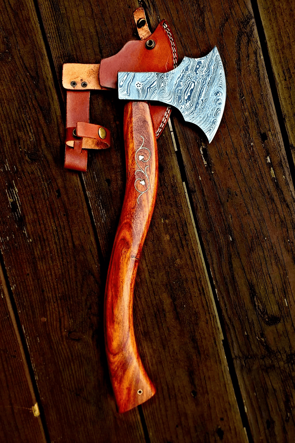 Ragnild FWM Viking Style Handmade Damascus Axe with Wood and Inlaid Brass Handle