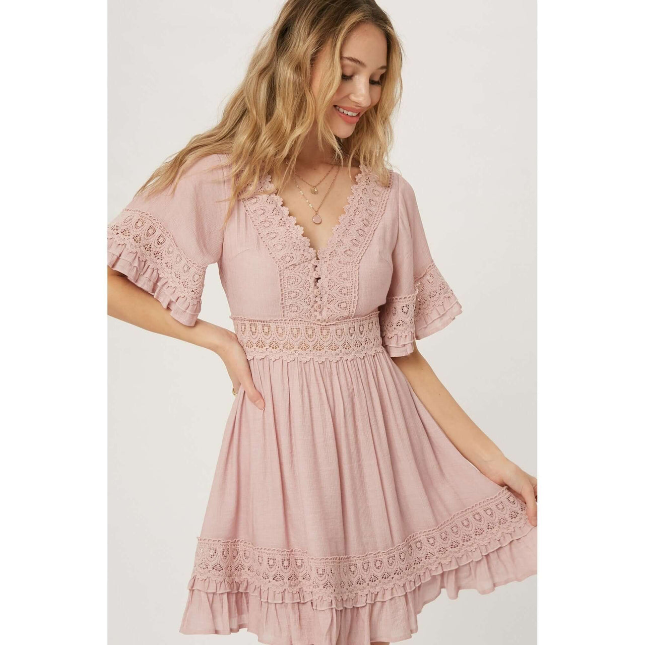 Dusty Rose V-Neck Lace Trim Dress