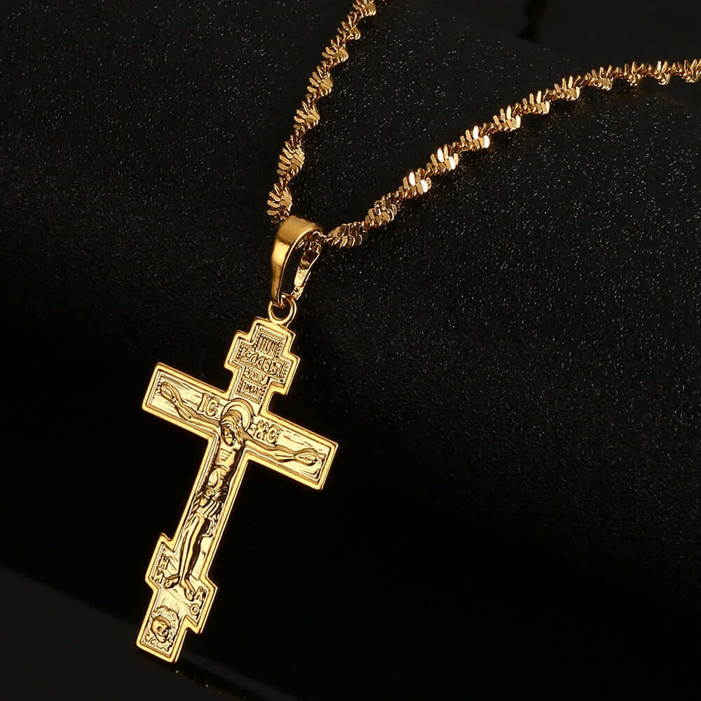 24K Gold Plated Russian Orthodox Christian Cross Pendant with 19.6" Necklace