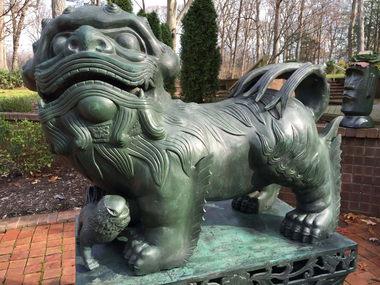 Hand Forged Bronze Chinese FOO DOG Sculptures, Set of 2 Cast Dragon Statues with pedestals