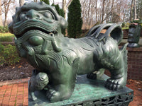 Thumbnail for Hand Forged Bronze Chinese FOO DOG Sculptures, Set of 2 Cast Dragon Statues with pedestals
