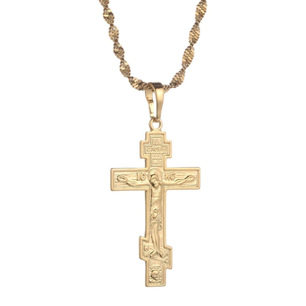 24K Gold Plated Russian Orthodox Christian Cross Pendant with 19.6" Necklace