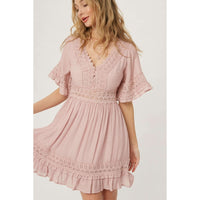 Thumbnail for Dusty Rose V-Neck Lace Trim Dress
