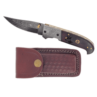 Thumbnail for Raindrop Damascus Classic Folding Blade EDC Buck Engraved with Belt Sheath