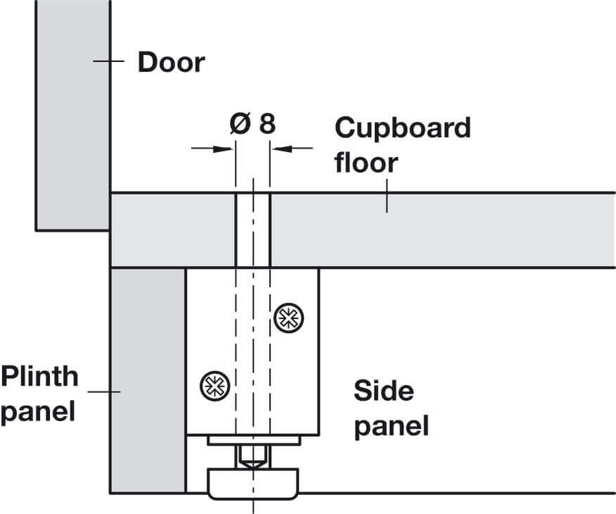 637.12.229 Plinth Adjusting Fitting, M8 Thread, with Wood Mounting Block