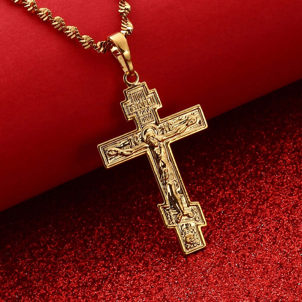 24K Gold Plated Russian Orthodox Christian Cross Pendant with 19.6" Necklace