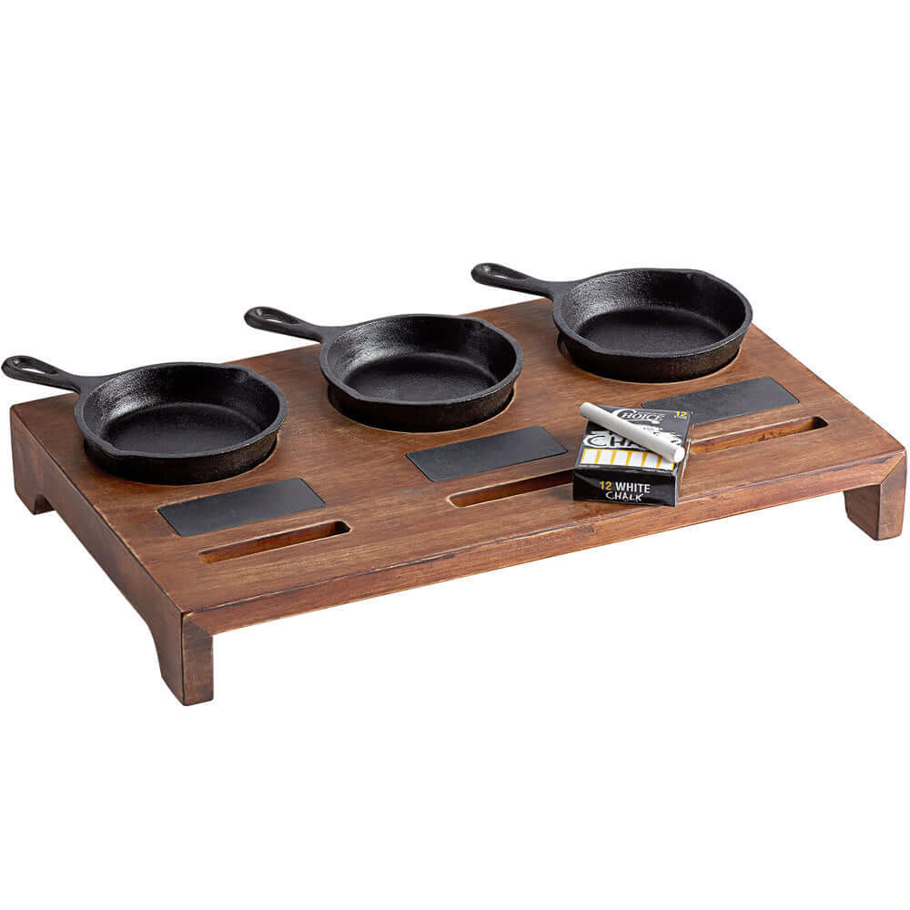 Cucina Chef Appetizer Dessert Sampler with (3) 5" Mini Cast Iron Skillets and 18-1/2" x 11" x 2-1/2" Rustic Chestnut Finish Display Stand and Chalk