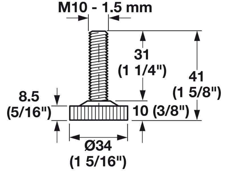 M10 Base Leveler with Steel Threaded Shaft and Black Nylon Base, Set of 6