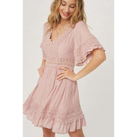 Thumbnail for Dusty Rose V-Neck Lace Trim Dress
