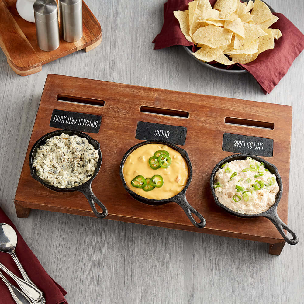 Cucina Chef Appetizer Dessert Sampler with (3) 5" Mini Cast Iron Skillets and 18-1/2" x 11" x 2-1/2" Rustic Chestnut Finish Display Stand and Chalk