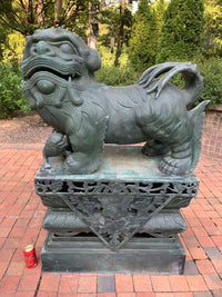 Thumbnail for Hand Forged Bronze Chinese FOO DOG Sculptures, Set of 2 Cast Dragon Statues with pedestals