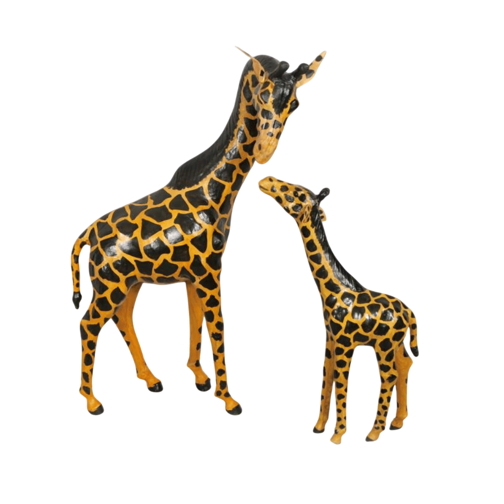 Mother and Baby Giraffe Handmade Painted Leather Statue