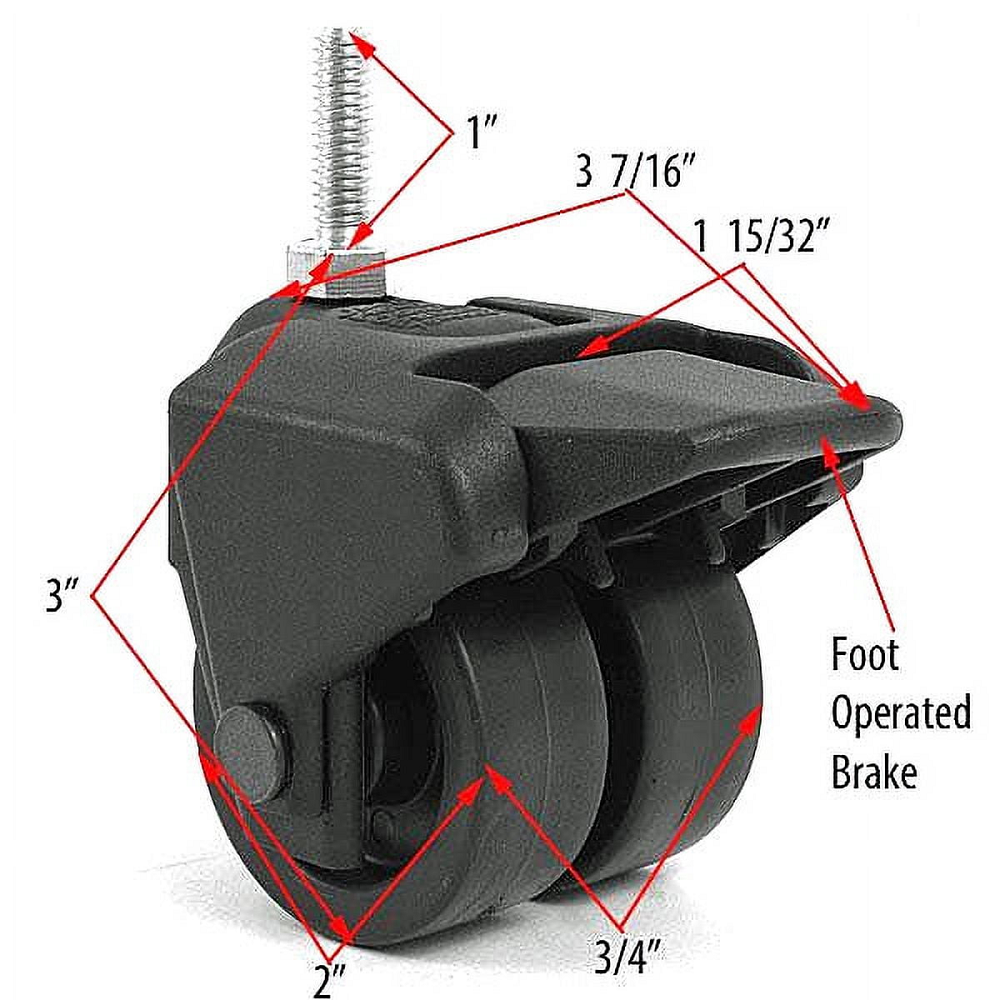 3" Dual Wheel Composite Plastic Caster, 5/16" Threaded Stem, Set of 4 (2/Brake)