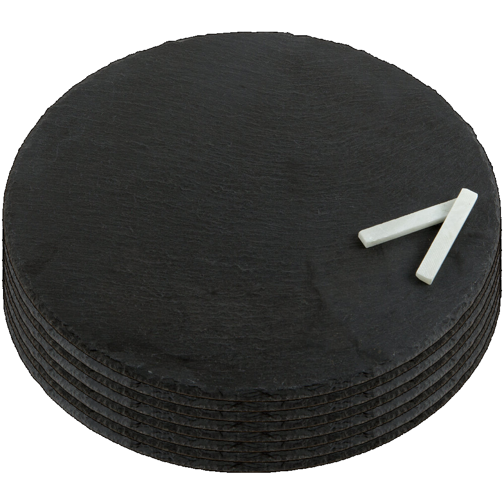 12" Round Black Slate Tray with Soapstone Chalk, Set of 8