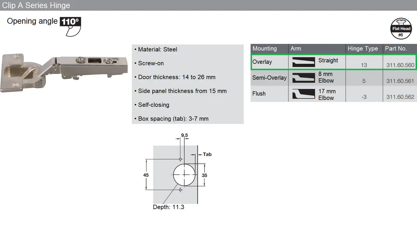 Hafele 311.60.560 Concealed Cup Hinge 110° for Wooden Cabinet Doors Hafele