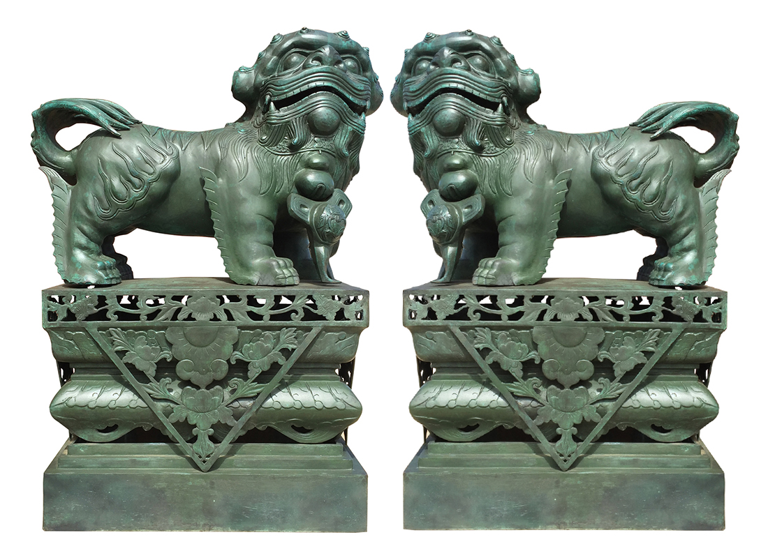 Hand Forged Bronze Chinese FOO DOG Sculptures, Set of 2 Cast Dragon Statues with Pedestals