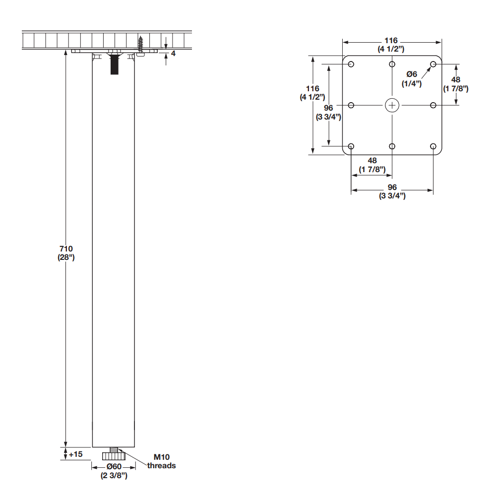 Hafele 635.36.470 Square Polished Chrome Steel 28" Table Leg, Set of 4
