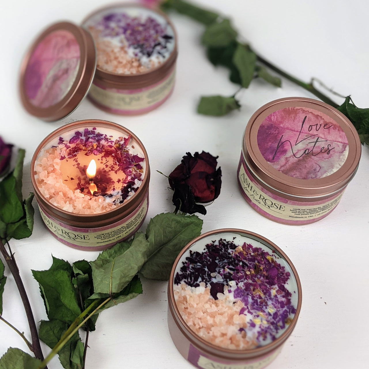 Ash & Rose Love Notes Loaded 8 oz. Tin Candle with Rose Petals and Pink Salt