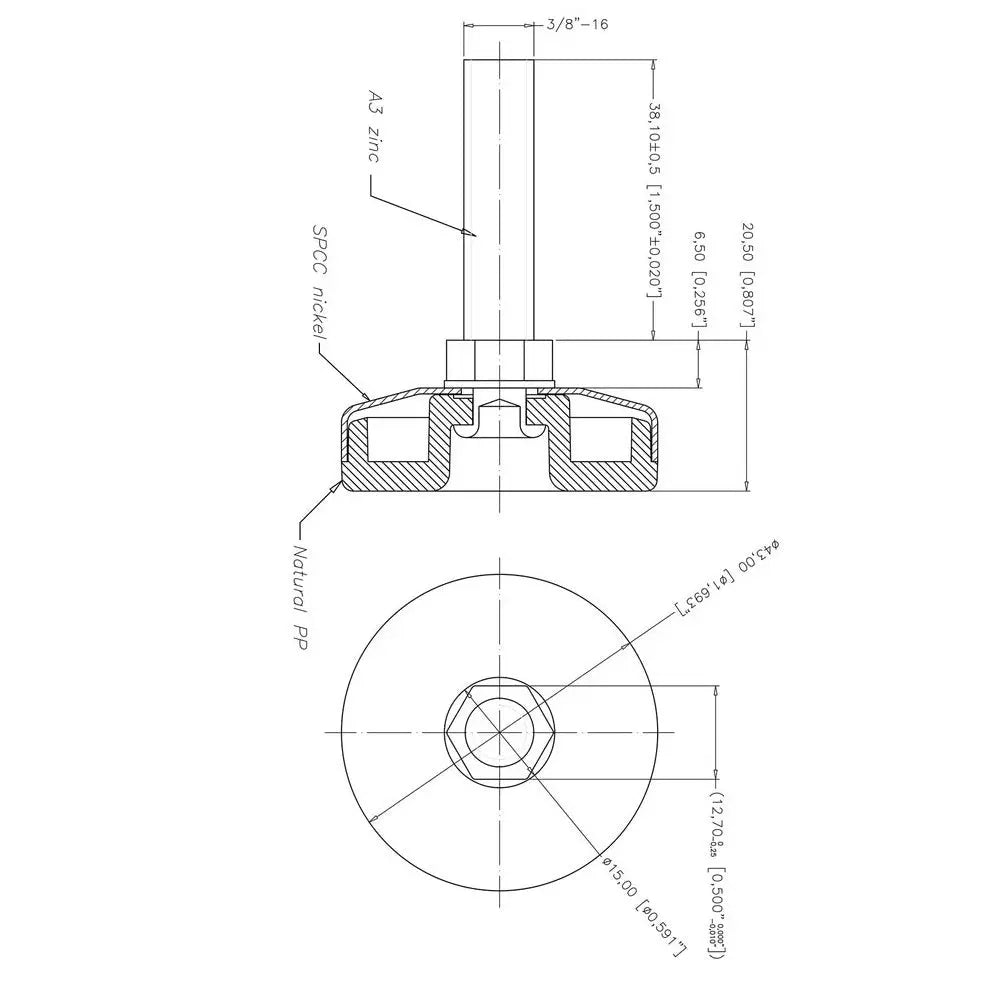 3/8-16 x 1-1/2" Long | 1-11/16" Dia. Nickel Plated Furniture Leveler Outwater Industries