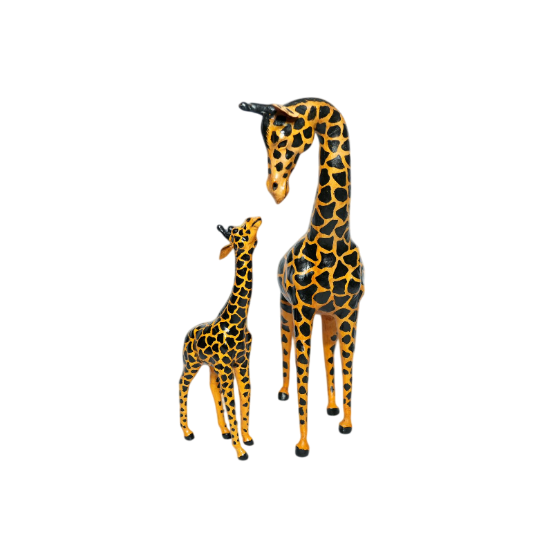 Mother and Baby Giraffe Handmade Painted Leather Statue