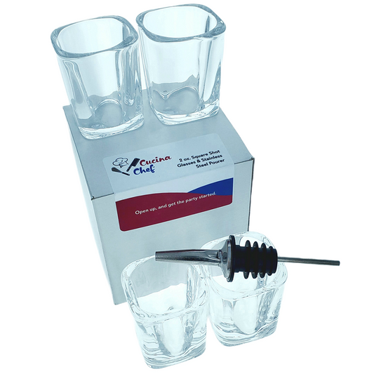 Four 2oz Square Shot Glasses & Stainless Steel Pourer for Entertaining Anywhere