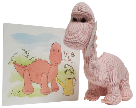 Knitted Organic Cotton Pink Diplodocus Dinosaur Baby Rattle and Card