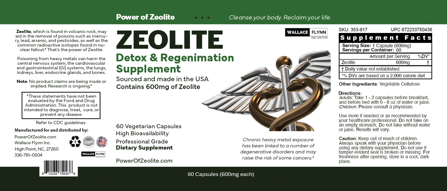 ZEOLITE Heavy Metal Detox Regenimation Supplement 600mg, 60 ct.