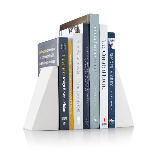 Port Living Company White Concrete Angular Bookends, Heavy Geometric Decor for Book Shelves, Pair