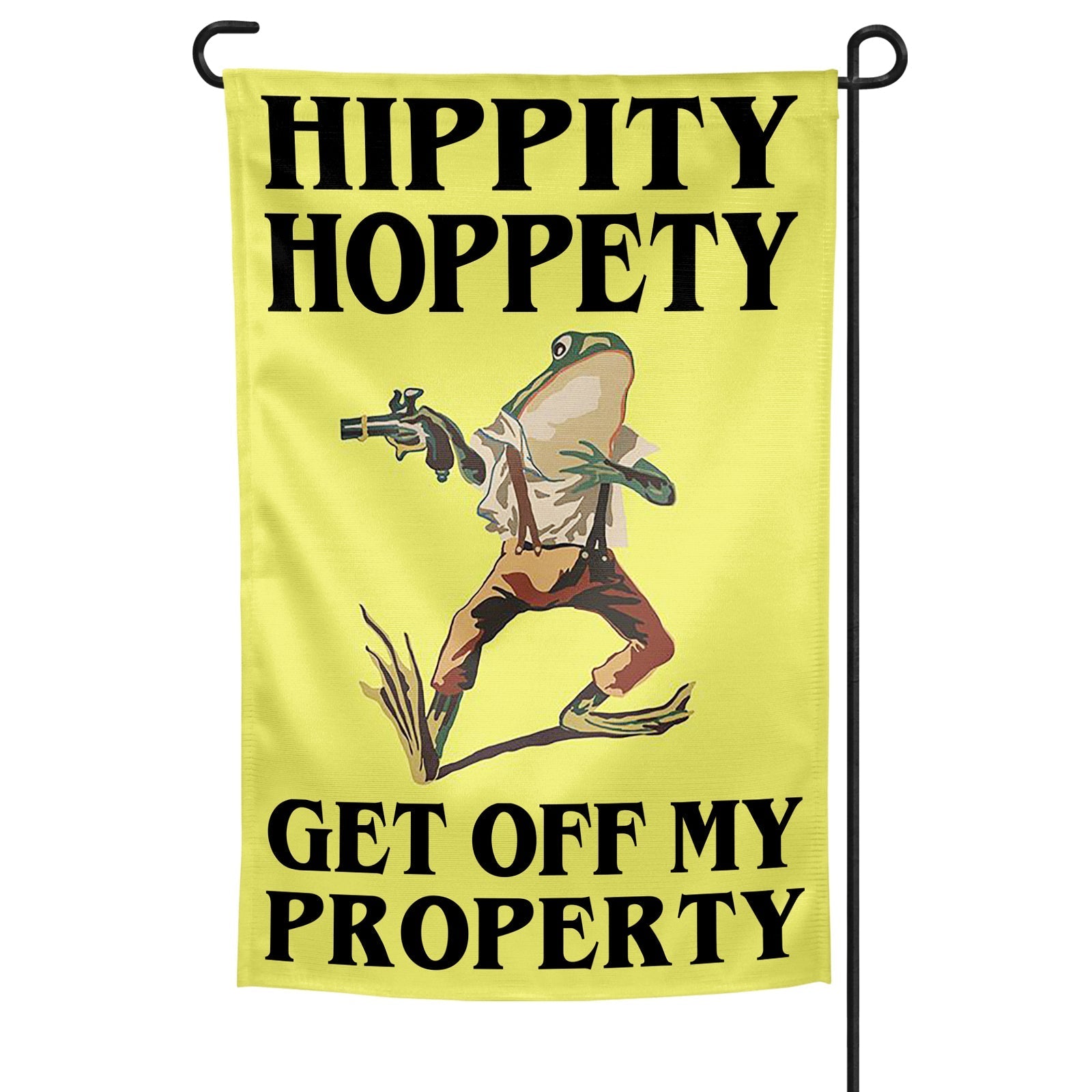Flag with a frog holding a gun and text 'Hippity Hoppety Get Off My Property' on a yellow background.