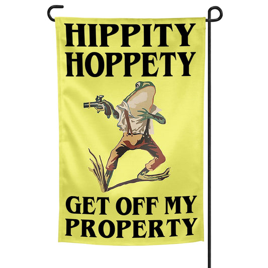 Flag with a frog holding a gun and text 'Hippity Hoppety Get Off My Property' on a yellow background.
