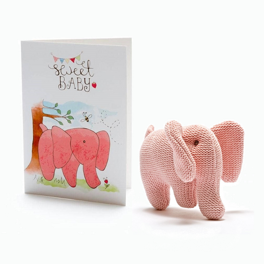Elephant Baby Rattle and Sweet Baby Greetings Card, Nursery Gift